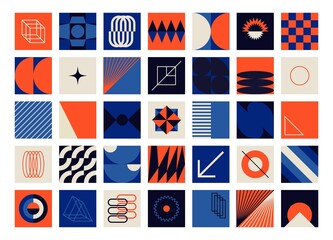 Abstract geometric swiss collage. Vintage bauhaus design, set of bold forms, simple geo primitive shapes. Vector graphic art 70s style