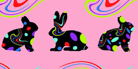 silhouettes of black rabbits with abstract colorful pattern, easter background