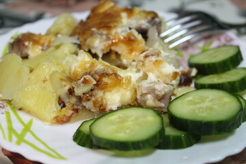 French fries on a plate, a meal of potatoes, meat, onions, cheese and mayonnaise