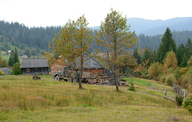 View of the mountains and old houses. Mountain landscape