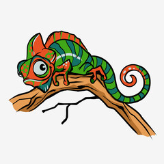 Cute cartoon character green chameleon lizard animal.Reptile in wildlife isolated in warm background. Vector illustration