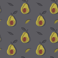 Seamless avocado sketch pattern with leaves and colored abstract spots on a gray background. Vector illustration, outline style.