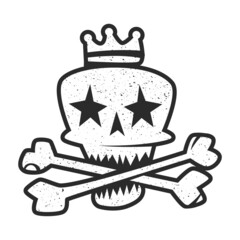 Black and white silhouette of skull with bones, star-shaped eyes and crown on head. Design for tattoo, sticker, badge