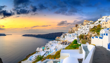 Fantastic sunset on famous view over greek resort Fira, Greece, Europe. luxury travel. famous travel landscape. Summer holidays. Travel concept background. - obrazy, fototapety, plakaty