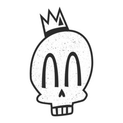 Stylized cute black and white silhouette of a skull wearing a crown smiles with arched eyes. Design for tattoo