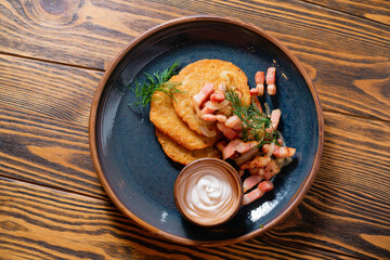 Potato pancakes with ham. Menu design concept for a restaurant.