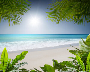 Naklejki  View of nice tropical beach with some palms