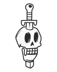 Dagger or sword pierces the skull, black and white silhouette in old school style. Design for tattoo, sticker, icon
