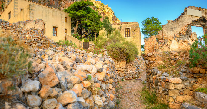 Beautiful picturesque parorama old medieval castle town of Monemvasia in Lakonia at sunrise, Peloponnese, Greece. "Greek Gibraltar"
