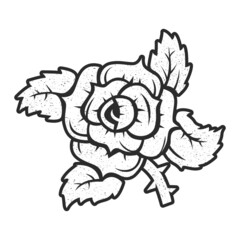 Black and white silhouette of a rose in full bloom with leaves, thorns and a stem. Design for tattoo, sticker, badge