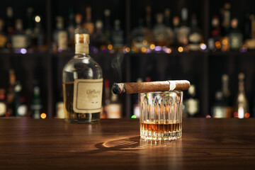 NO LOGOS OR TRADEMARKS!  SELF MADE LABELS! close up view of cigar, bottle of whiskey and a glass...
