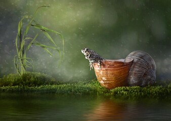 a frog is sitting in a shell