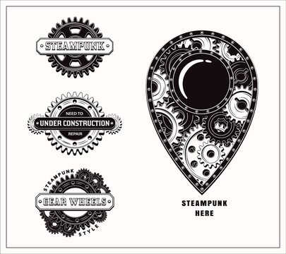 Set of monochrome vintage labels with gearwheels, metal rails, rivets, text. Black emblems in steampunk style on white background. Good for craft design.
