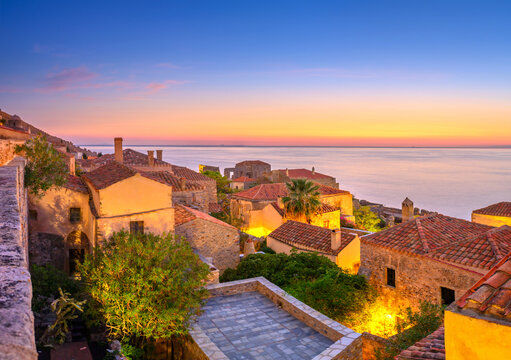 picturesque parorama old medieval castle town of Monemvasia in Lakonia at sunrise, Peloponnese, Greece. "Greek Gibraltar"