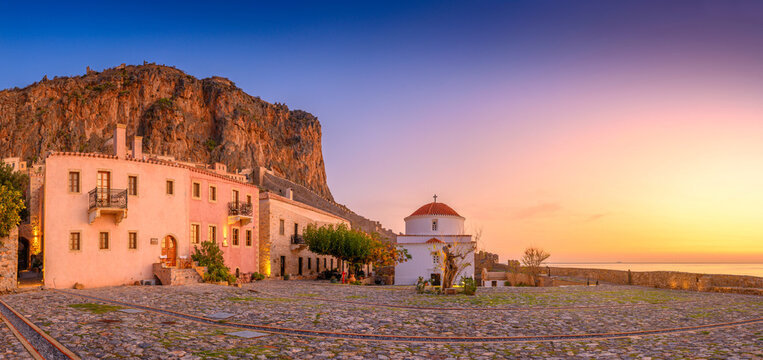 picturesque parorama old medieval castle town of Monemvasia in Lakonia at sunrise, Peloponnese, Greece. "Greek Gibraltar"