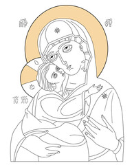 Orthodox icon of Virgin of Vladimir Icon. Holy Mother, God Mother of God Queen of Heaven with Jesus Christ Child. Eleusa, Linear hand drawing. vector illustration icon Virgin Mary tenderness