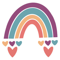 Colorful rainbow with flowers stars, dots, hearts in purple, yellow, red, turquoise, navy, pink