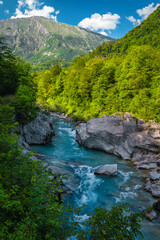 Soca river with rocky shoreline in the forest, Kobarid, Slovenia
