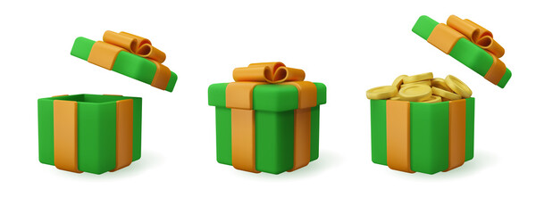 3d icon gift box with coins. Realistic vector render illustration. St. Patricks day colors design element. Cartoon present with gold.