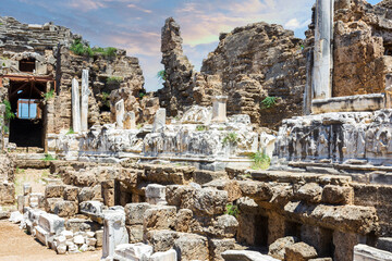 Fototapeta na wymiar Ancient theater ruins on a sunny day with blue skies