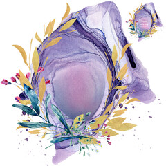 purple watercolor stain with nature motifs, frame, color trends, organic, flowers, splash