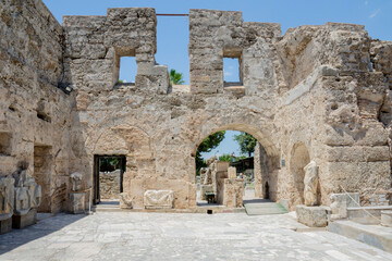 Sculptures and Ancient ruins in the Side Archeology Museum, Antalya, Turkey.