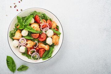 Fototapeta na wymiar Panzanella Bread Salad. Traditional food of Italy with tomatoes, mozzarella balls, basil, onion and bread on light grey background. Traditional Italian cooking. Top view. Copy space.
