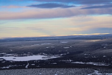 Endless landscape in Finish Lapland close to the ski resort of Ylläs and Äkäslompolo during dusk