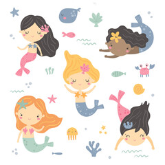 vector set of cute baby girl mermaids