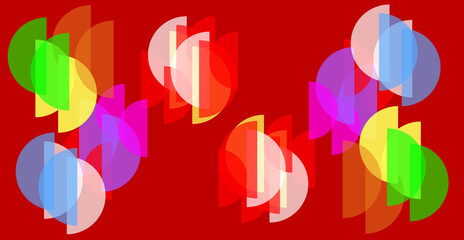 FANTASIA. Amiable ABSTRACT GEOMETRIC SHAPES. Multicolor varied figures. Cute aesthetic WALLPAPER ideas. Background design image. Creative ILLUSTRATION. Red fund. Semicircles.