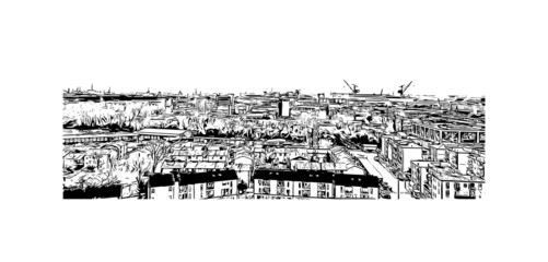 Building view with landmark of Mestre is the most populated borough in Italy. Hand drawn sketch illustration in vector.