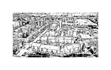 Building view with landmark of Mestre is the most populated borough in Italy. Hand drawn sketch illustration in vector.
