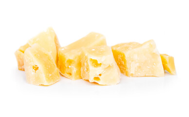 Piece of parmesan cheese on white