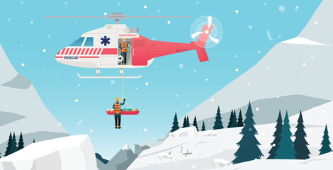 Rescue teams use helicopters to help victims in snowy mountains. © intararit