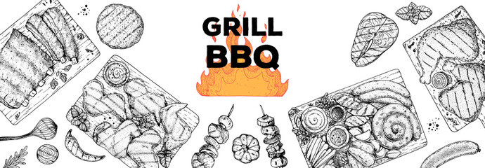 Bbq grill food sketch. Menu design template. Grilled meat and vegetables frame. Vector illustration. Engraved design. Hand drawn illustration.