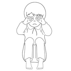 Black and white image. Frightened, depressed, sad girl looks lonely. Vector illustration of a helpless, frightened child. Anxiety and fear. White background, vector