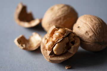 walnuts on a gray table macro
