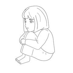 Black and white image. Frightened, depressed, sad girl looks lonely. Vector illustration of a helpless, frightened child. Anxiety and fear. White background, vector