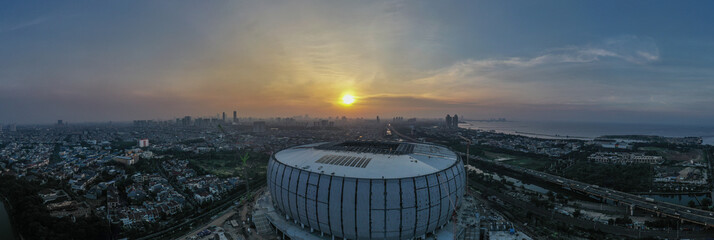 Sunset in Jakarta Indonesia Stadium (JIS). Right now, This stadium has finished built since 3 years ago.