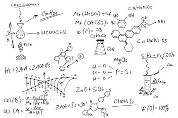 chemical formulas. hand-drawn on a white background