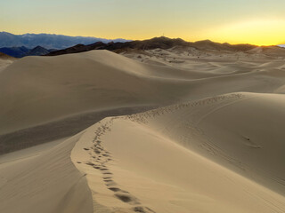 Footprints on a sand dune at sunset