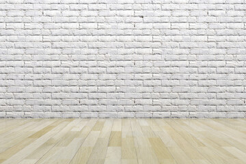 Empty sceen with brick texture and wooden floor. 3D rendering.