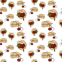 Juicy and seductive lips hold a cherry and a strawberry in their teeth. Patterns on an isolated background for printing packaging paper or fabric, stationery, book products, interior posters or wallpa