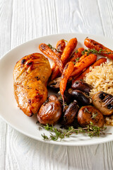 Restaurant meal of grilled chicken, close-up