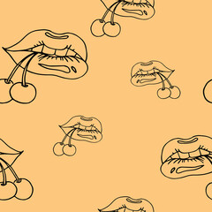 Juicy and seductive lips hold a cherry in their teeth. Patterns on an isolated background for printing packaging paper or fabric, stationery, book products, interior posters or wallpapers.