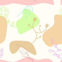 Abstract Doodle Seamless Pattern Plants Branch Botanic Leaf Leaves Herb Blots Spots Nature Background Decoration Vector Design Style For Prints Textiles, Clothing, Gift Wrap, Wallpaper, Pastel