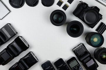 Fototapeta na wymiar Photographic equipment. Top view of a variety of equipment for the photographer
