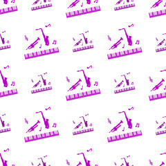 Seamless pattern of musical instruments on a white background