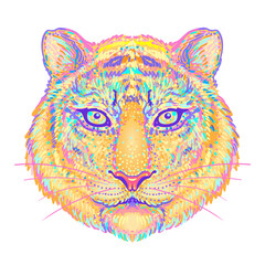 Patterned ornate tiger head. African, Indian, totem, tattoo, sticker design. Design of t-shirt, bag, postcard and posters. Vector isolated illustration in bright neon colors.