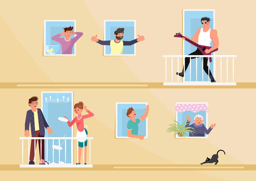Men and women neighbours characters living in neighboring home apartments